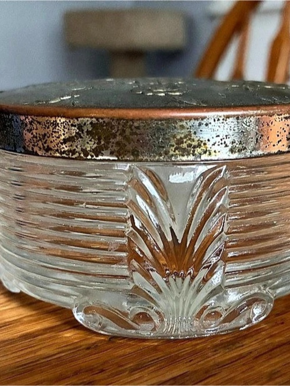 Vintage  Art Deco Glass Face Powder Jar & Metal Lid